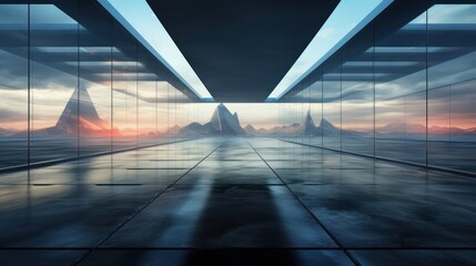 3d render of abstract futuristic glass architecture with empty concrete floor