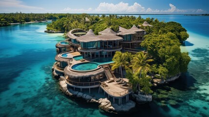 Obraz premium Luxury overwater villas from above. Aerial drone picture