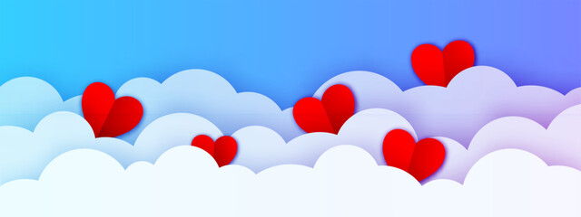 Valentine's Day holidays banner with sky and paper cut clouds. Place for text. Happy Valentine's day header template with red hearts. Blue cloudscape border for holiday sale background. 