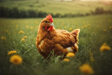 Foto op Aluminium chicken on the green grass in the meadow in the morning © Viewvie