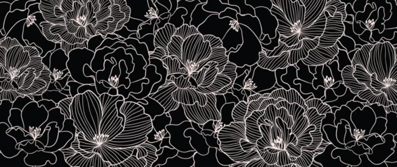 Fotobehang Abstract peony flower line art background vector. Natural botanical elegant flower with pink line art. Design illustration for decoration, wall decor, wallpaper, cover, banner, poster, card. © TWINS DESIGN STUDIO