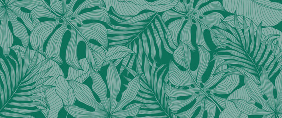 Abstract green foliage wallpaper nature vector. Leaves pattern with monstera leaf, palm plant line art on green color background. Design for banner, cover, interior, decoration, card.
