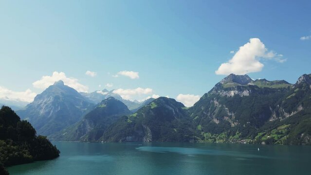 Mountain lake in Switzerland, view from a drone.