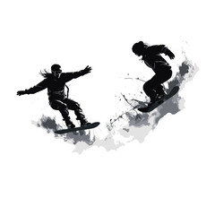 Fototapeta premium Silhouette of two guys performing snowboarding tricks on the snow