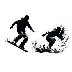 Silhouette of two guys performing snowboarding tricks on the snow