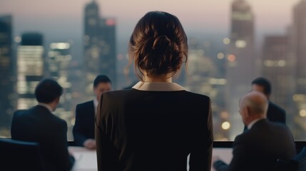 back of businesswoman in the city