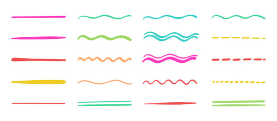 Collection of strikethrough multi colored underlines. different doodle colorful dotted and wavy lines. Horizontal hand drawn marker stripes, brush strokes. - obrazy, fototapety, plakaty