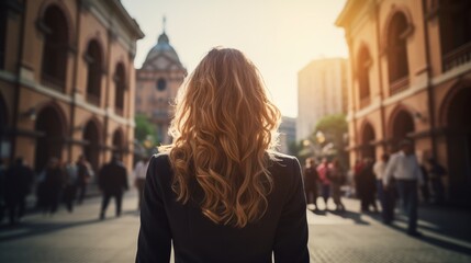 back of businesswoman in the city