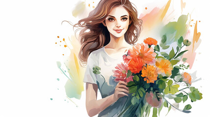 Obraz na płótnie Canvas Floral bouquet on hand. Woman with flower bouquet. watercolor illustration on white background.