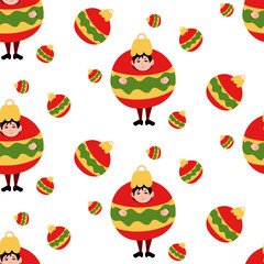 Christmas pattern. A boy dressed as a round Christmas tree toy along with other toys on a white background. A child in a Christmas ball costume for celebrating New Year and Christmas. Family holiday