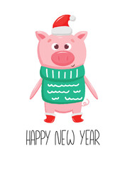 New Year card with cute pig in christmas red hat and boots. Vector