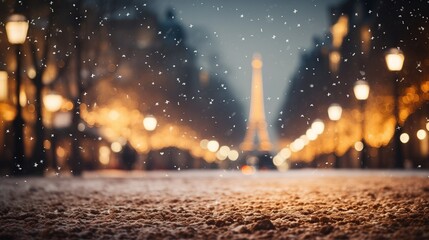 blurry Christmas landscape, Eiffel tower in the distance. Season Greetings concept. Generative AI