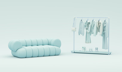 Autumn clothes hanging on a rack with armchair on pastel blue background. Mens jacket, coat,...