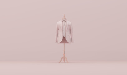 Pink luxury suit on mannequin and luxury wardrobe on pastel pink background. Creative composition. Light background with copy space. 3D render for web page, presentation, studio, store fashion	
 - obrazy, fototapety, plakaty