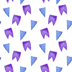 Watercolor seamless pattern with different striped flags, hand drawn illustration of garland of blue, purple flags isolated on white background.