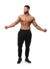 Young bodybuilder with muscular body on white background - obrazy, fototapety, plakaty