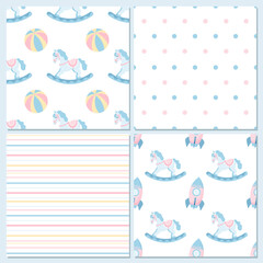 Collection of baby seamless patterns from rocking horse, toys, stripes and dots. Pastel background for kids. Vector
