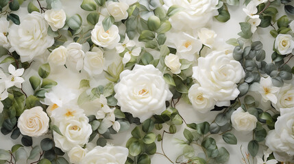 Obraz premium Flower floral background white roses and green eucalyptus