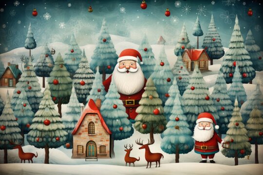 A whimsical illustrations of Christmas characters like Santa, reindeer, and elves in a colorful, cartoon style. The background is cheerful and festive, appealing to a family-friendly audience.