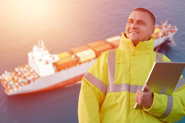 Happy engineer in a safety suit works as an offshore technician in a container terminal. Seafarer...