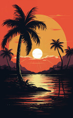 Classic retro style tropical sunset with palm, beach sunset