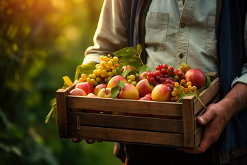 gardener holding a crate of summer fruit, grapes, apples, apricots. harvest concept