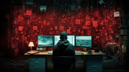 hacker at a computer in a dark room - obrazy, fototapety, plakaty