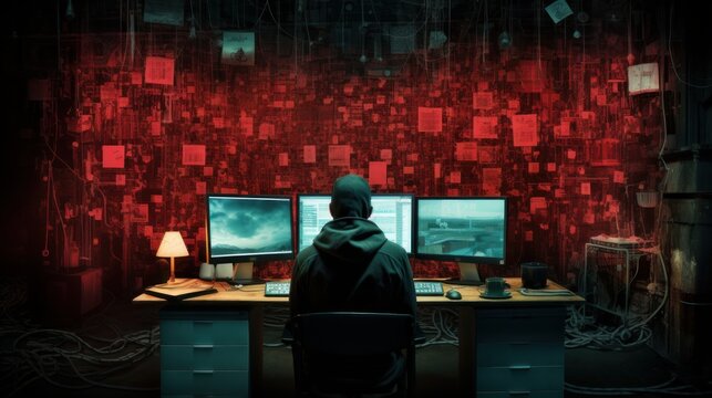 hacker at a computer in a dark room