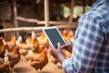 Farmer with tablet in chicken coop. The concept is smart agriculture. - obrazy, fototapety, plakaty