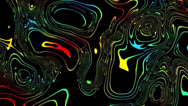 Seamless abstract psychedelic trippy background for loop playback. 4k video. Animated iridescent thin lines on black background