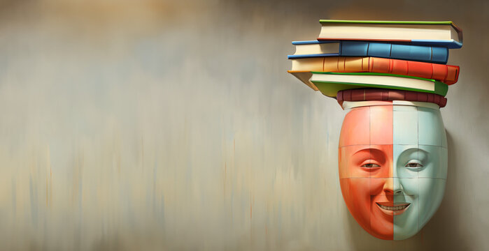 Mind with pile of books, reading and learning new skill, knowledge is power, education concept, world book day
