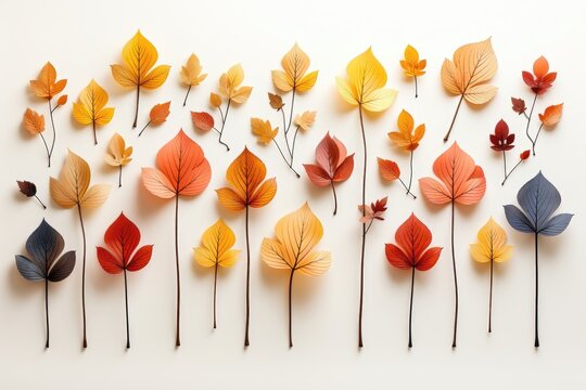 A captivating abstract composition with autumn leaves arranged flat on a crisp white background, creating a harmonious and visually appealing image. Photorealistic illustration