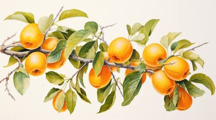 Behold the persimmon in watercolor, a dance of golden oranges and subtle greens. Each stroke on the canvas tells the story of this luscious, autumn fruit. - obrazy, fototapety, plakaty