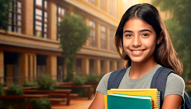 Estudiante adolescente latina con libros en sus brazos afuera de la escuela