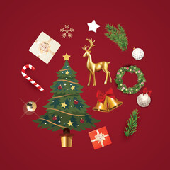 Set of elements for Christmas symbols, Colorful christmas icons, christmas tree, rain deer, gift, bell, wreath, christmas balls