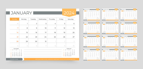 2024 calendar. Planner template. Week starts Sunday. Yearly calender organizer layout. Desk schedule grid. Table monthly diary with 12 month. Vector illustration. Paper size A5. Horizontal design.