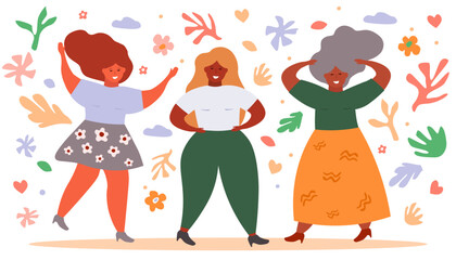Naklejka premium Abstract girls plus size are funny and happy, dancing, loving themselves. Beautiful women on a background of flowers, leaves, hearts. Vector flat graphics.