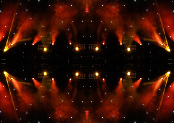 An empty stage of the theater, lit by spotlights and smoke before the performance