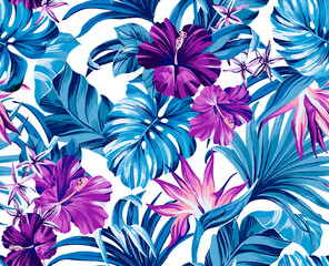 seamless pattern Exotic   wallpaper of tropical flowers  green leaves of palm trees and flowers bird of paradise, hibiscus, artwork for fabrics, souvenirs, packaging, greeting cards 