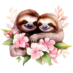 Fototapeta premium Cute Sloth Couple in love with Flower Watercolor Clipart isolated on Transparent Background.