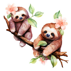 Cute Sloth Couple in love with Flower Watercolor Clipart isolated on Transparent Background.