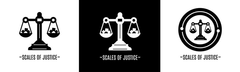 Scales of justice logo set. Collection of black and white logos for business and stock.