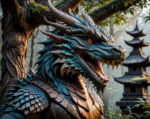 forest Chinese dragon warrior in armor against the backdrop of a temple. Generated AI