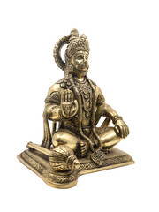 monkey god lord hanuman statue of hindu mythology sitting and blessing made of golden brass isolated in a white background