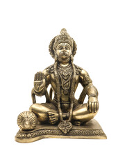 golden brass lord hanuman statue, a monkey god from ramayana of hindu mythology sitting and...