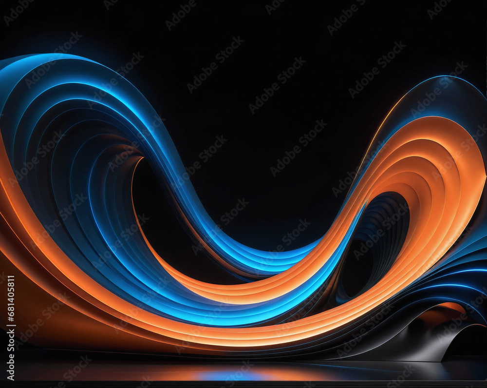 Poster abstract background of glowing lines and stripes in the shape of a sound wave, neon cyberpunk style.