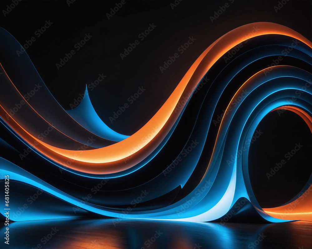 Poster abstract background of glowing lines and stripes in the shape of a sound wave, neon cyberpunk style.