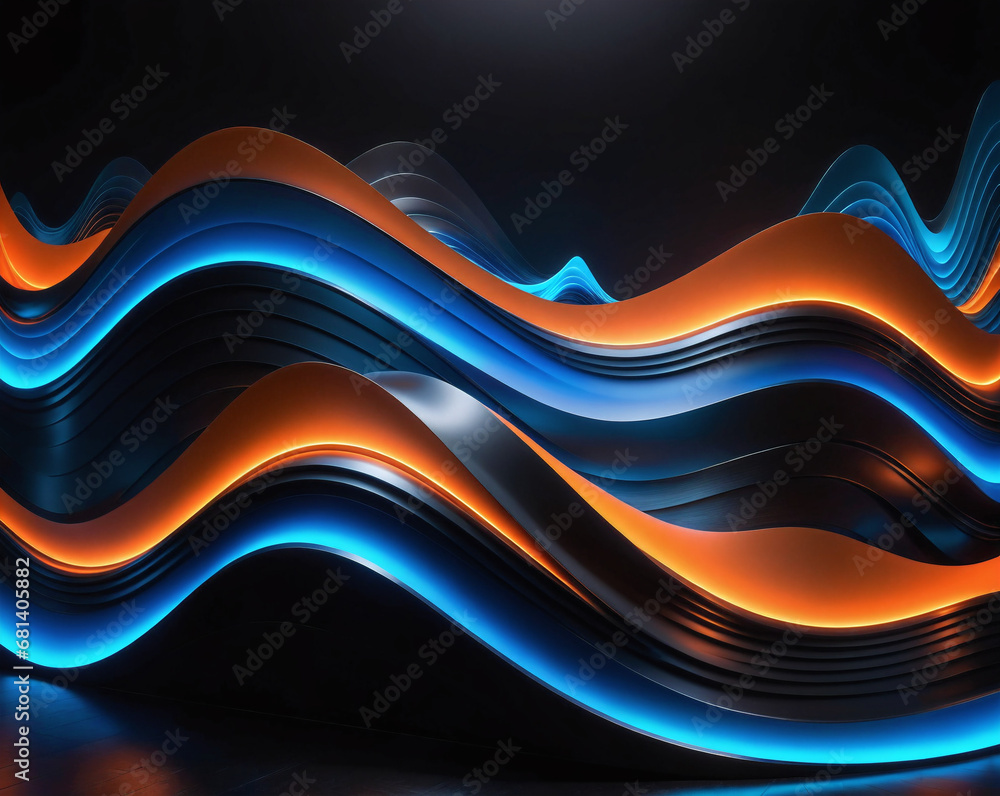 Poster abstract background of glowing lines and stripes in the shape of a sound wave, neon cyberpunk style.