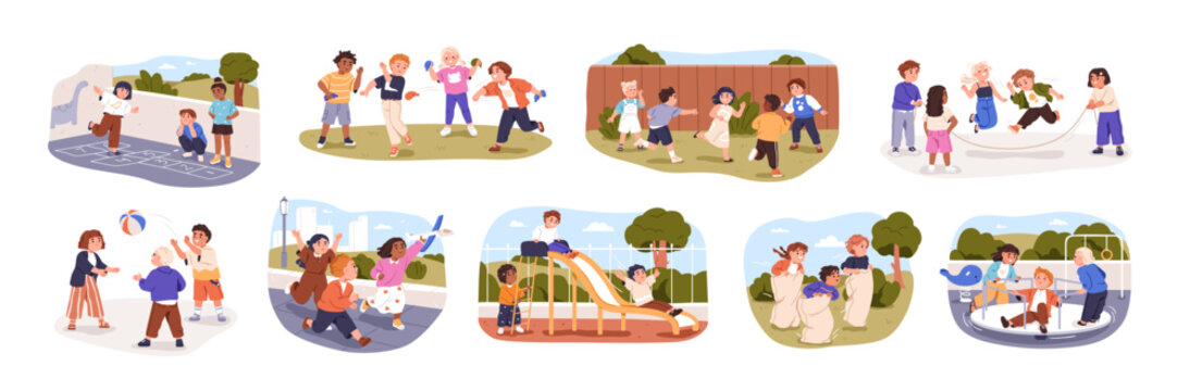 Happy children playing outside. Kids friends, girls and boys during active games, fun, activities, entertainments outdoors at childs playground. Flat vector illustrations isolated on white background