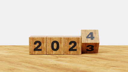 Starting New year. New year , new life, business, plan, goals, target and strategy concept. Wooden cube flips 2023 to 2024. 3d illustration - obrazy, fototapety, plakaty